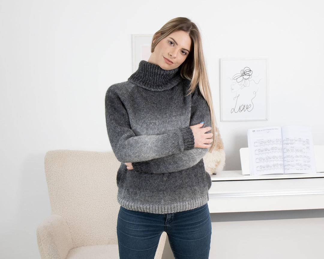 Superfine Alpaca Sweater, Hand Knitted Soft Lightweight Pullover, Warm Natural Wool Jumper T1333