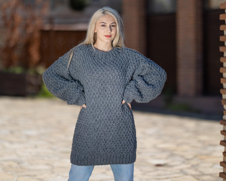 Extra Fine Alpaca and Lambswool Sweater, Hand Knitted Gray Rice Stitch Jumper, T1428