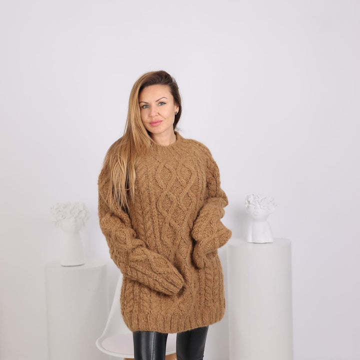 Superfine Alpaca Cable Knit Sweater, Hand Knitted Soft Warm Pullover, Luxurious Wool Jumper T1792