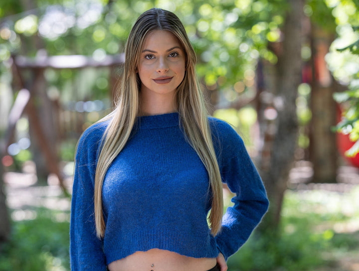 Hand Knitted Baby Alpaca Sweater: Blue Merino Wool Short Top T1216