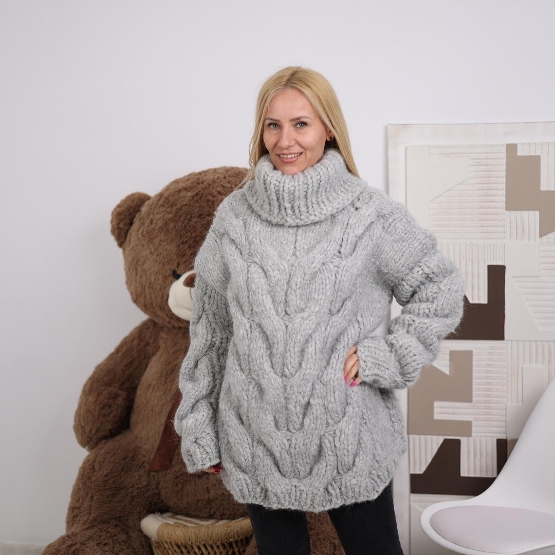 Hand Knitted 20-Strand Alpaca Sweater, Chunky Knit Turtleneck T1834