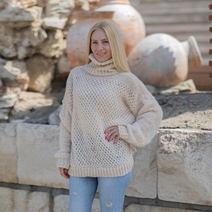 Lace Knit Alpaca Sweater, Hand Knitted Lightweight Loose Fit See-Through Jumper T1865