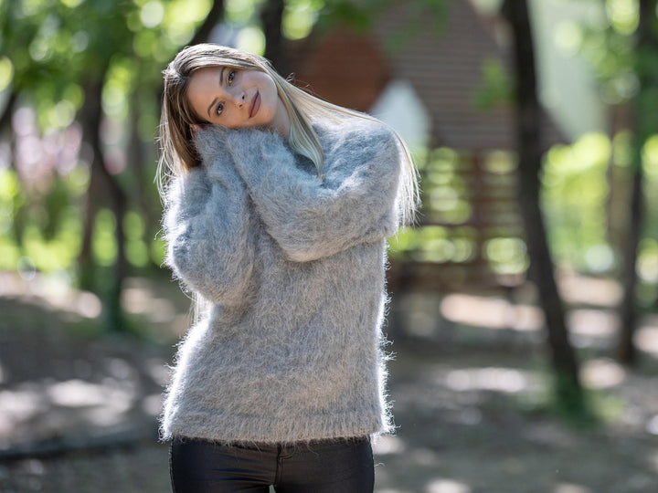 Handknitted Suri Alpaca Blend Sweater, Fuzzy Gray Jumper T1222