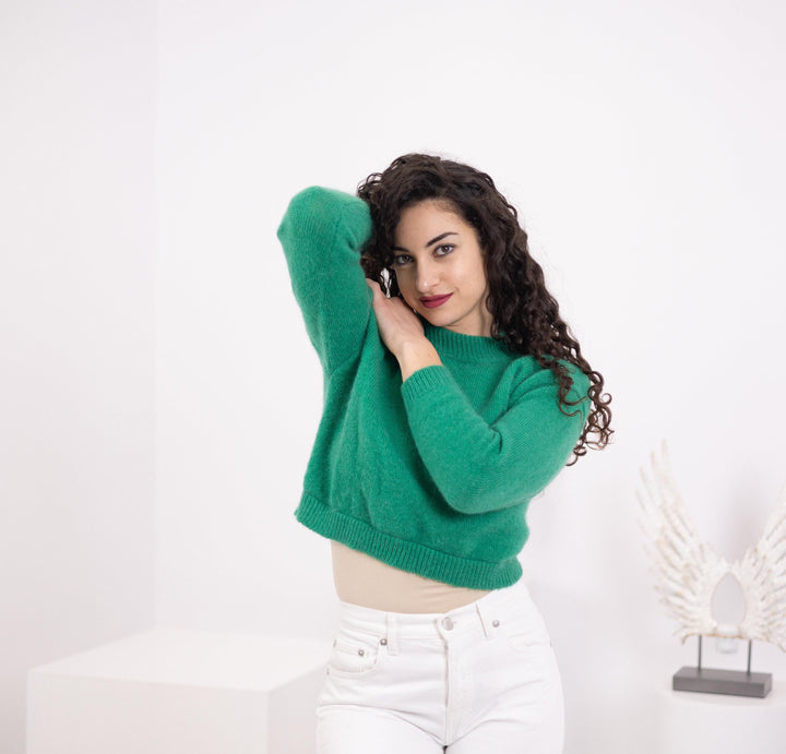 Green Alpaca Sweater, Hand-Knitted Merino Wool Jumper T1559