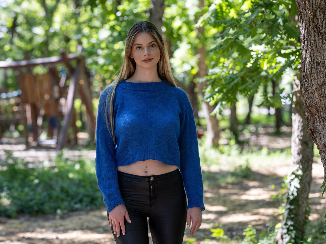 Hand Knitted Baby Alpaca Sweater: Blue Merino Wool Short Top T1216