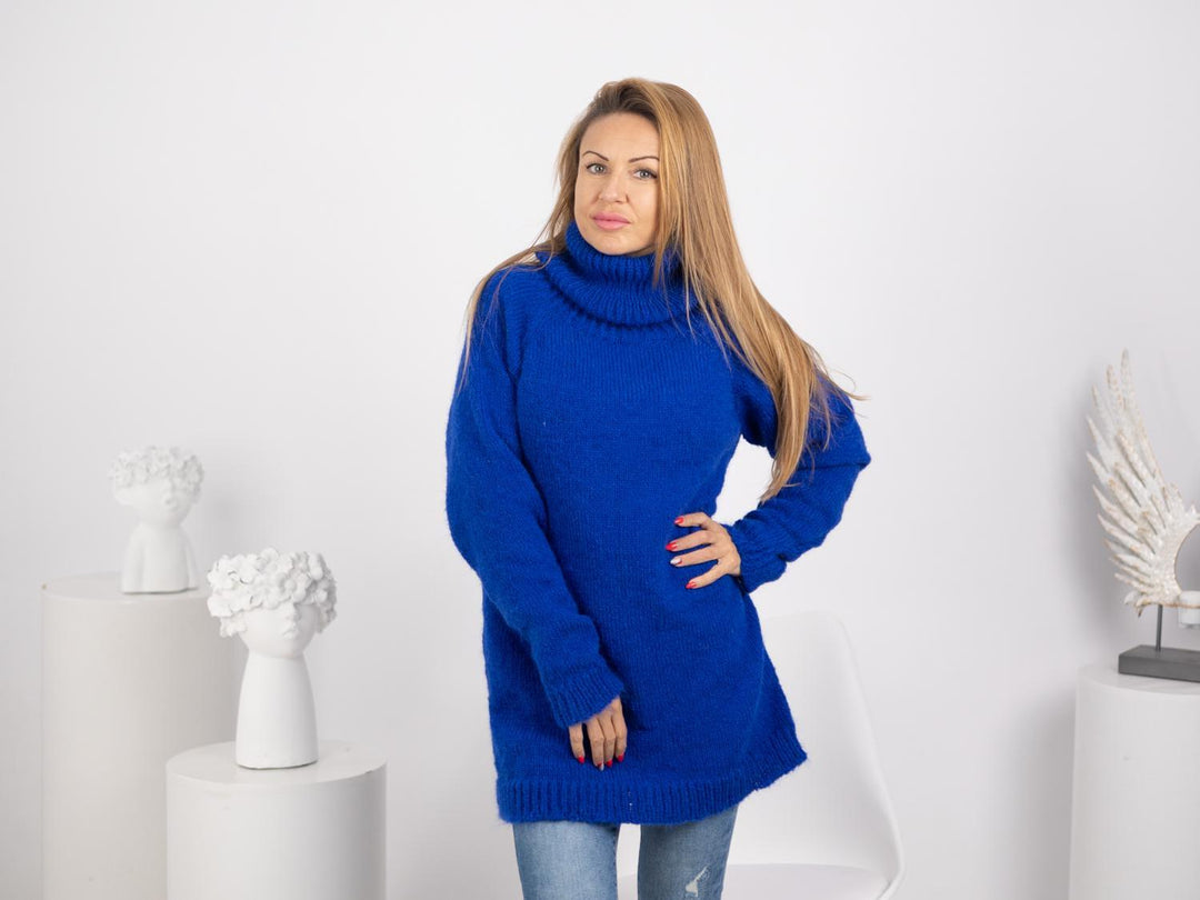 Blue Suri Alpaca Sweater, Hand Knitted Fuzzy Jumper, Soft Long Haired Fluffy Pullover T1748