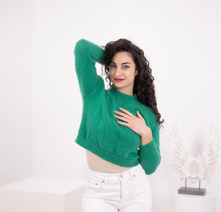 Green Alpaca Sweater, Hand-Knitted Merino Wool Jumper T1559