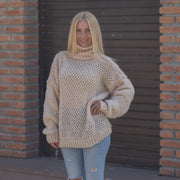 Lace Knit Alpaca Sweater, Hand Knitted Lightweight Loose Fit See-Through Jumper T1865