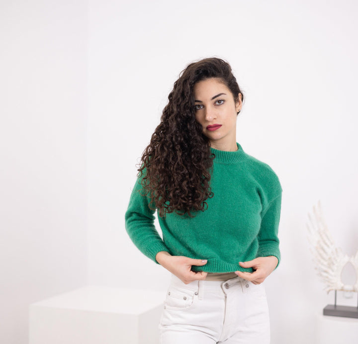 Green Alpaca Sweater, Hand-Knitted Merino Wool Jumper T1559