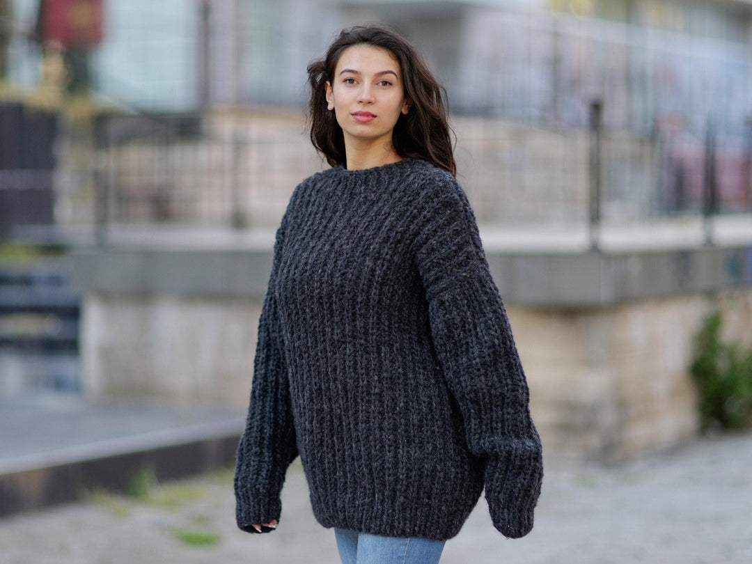 Alpaca and Merino Wool Sweater, Hand Knitted English Rib Jumper, Chunky Soft Pullover T1059