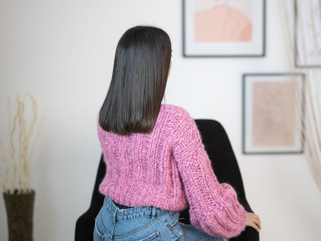 Short Alpaca Sweater, Hand Knitted Extra Fine Cropped Pullover, Soft Lightweight Wool Jumper T1155