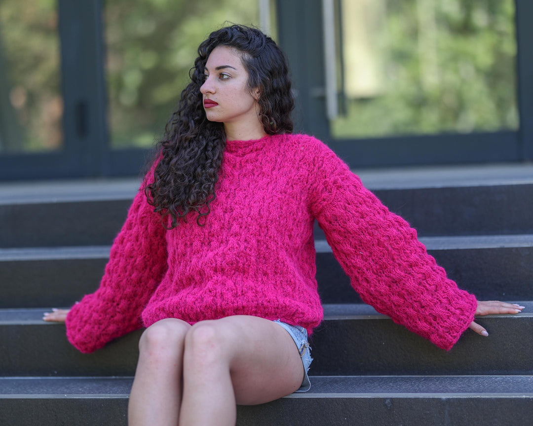 Pink Lace Sweater, Hand Knitted Alpaca Merino Pullover with Bell Sleeves T1777