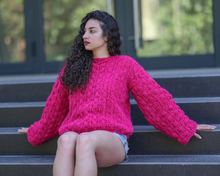 Pink Lace Sweater, Hand Knitted Alpaca Merino Pullover with Bell Sleeves T1777