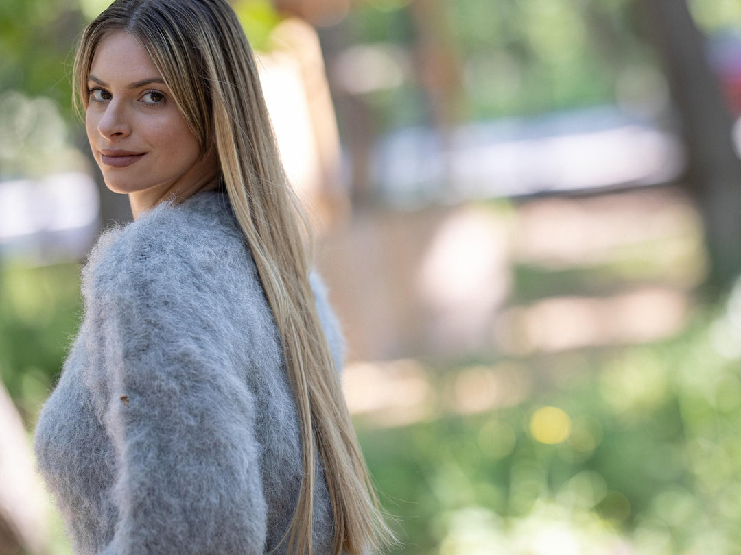 Handknitted Suri Alpaca Blend Sweater, Fuzzy Gray Jumper T1222