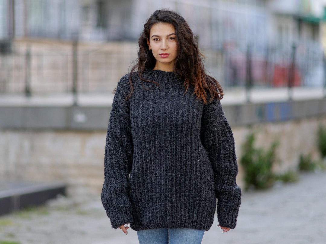 Alpaca and Merino Wool Sweater, Hand Knitted English Rib Jumper, Chunky Soft Pullover T1059