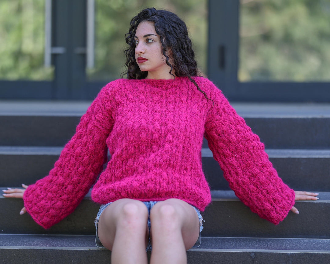 Pink Lace Sweater, Hand Knitted Alpaca Merino Pullover with Bell Sleeves T1777