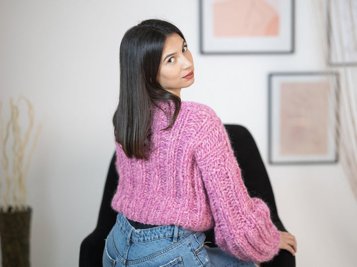 Short Alpaca Sweater, Hand Knitted Extra Fine Cropped Pullover, Soft Lightweight Wool Jumper T1155