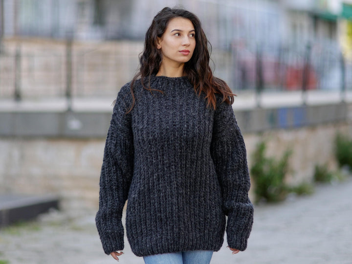 Alpaca and Merino Wool Sweater, Hand Knitted English Rib Jumper, Chunky Soft Pullover T1059