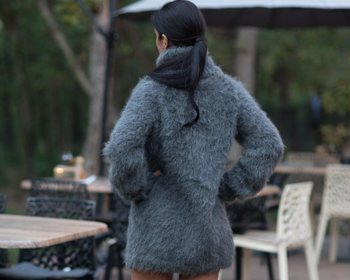 Hairy Alpaca Wool Sweater, Hand Knitted Grey Turtleneck Pullover T868W