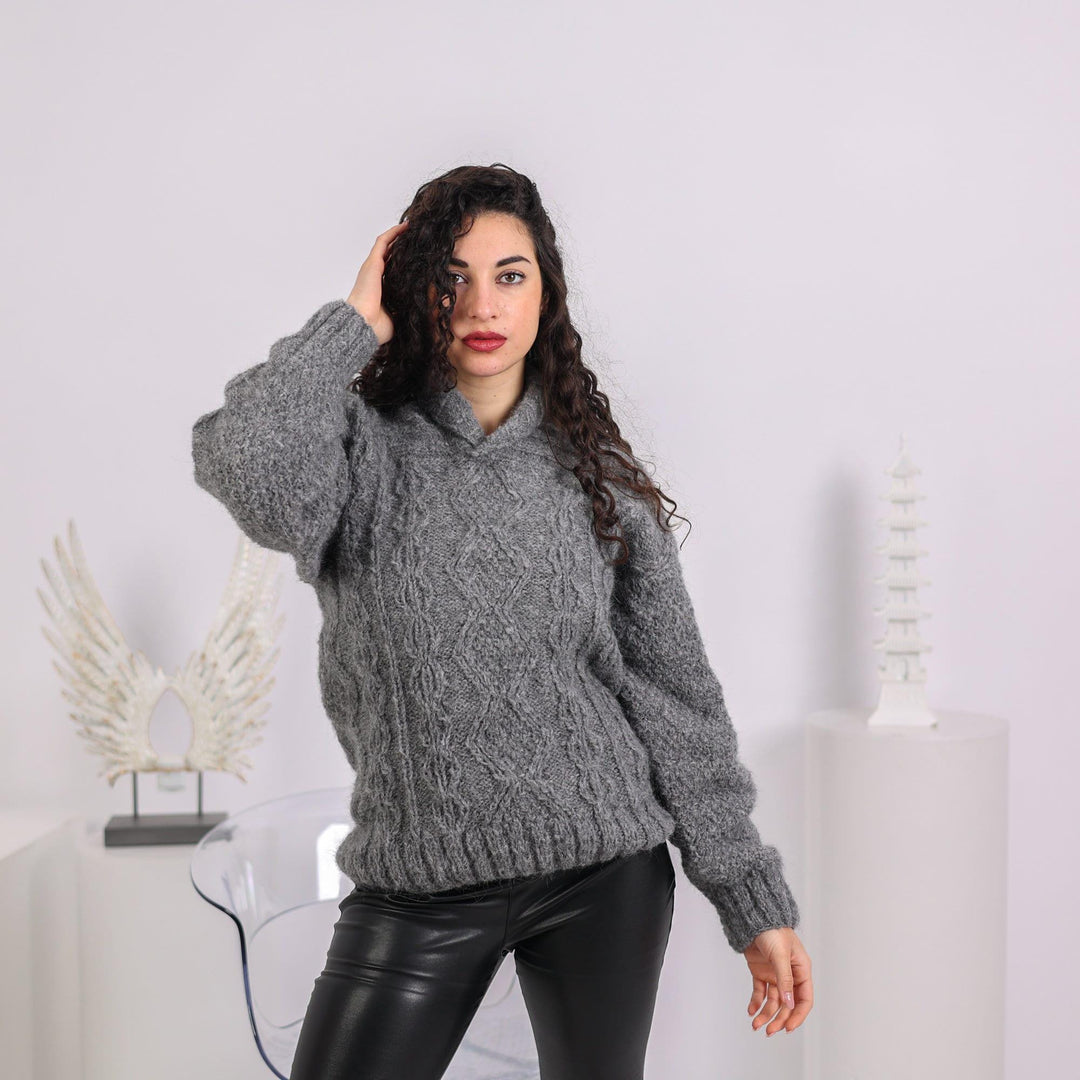 Cable Knit Alpaca Sweater: Shawl Neck Jumper T1640