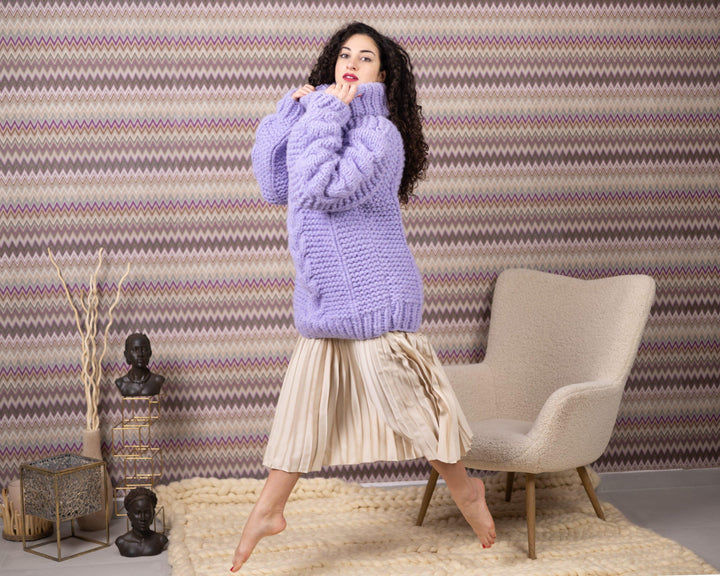 25-Strand Alpaca and Merino Wool Sweater, Hand Knitted Lavender Extra Chunky Fluffy Jumper T1549