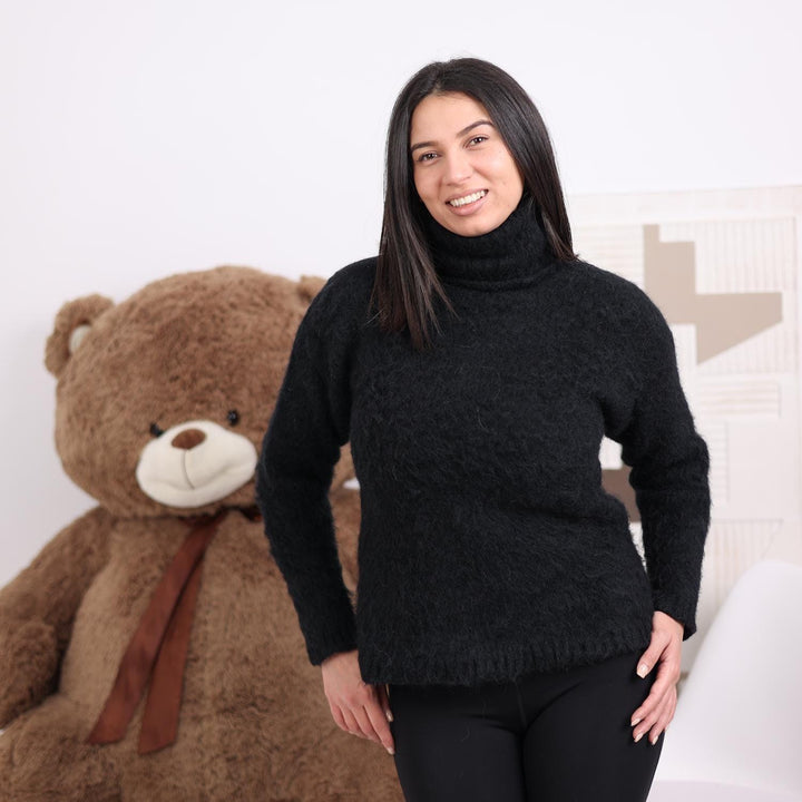 Black Alpaca Turtleneck Sweater, Hand Knitted Fuzzy Soft Pullover, Warm Chunky Winter Jumper T1823
