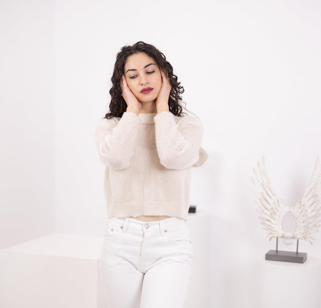 Hand Knit Baby Alpaca Wedding Sweater, Lightweight Bridal Top T1558