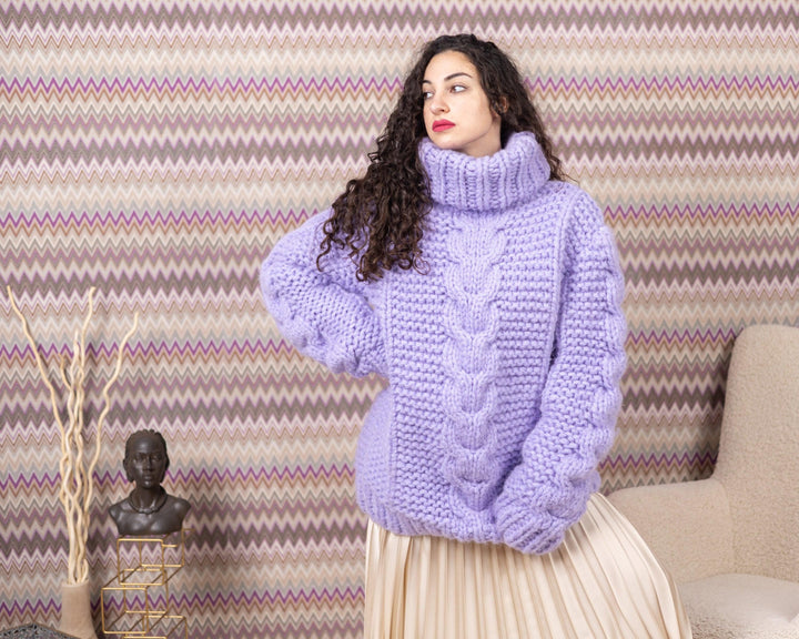 25-Strand Alpaca and Merino Wool Sweater, Hand Knitted Lavender Extra Chunky Fluffy Jumper T1549