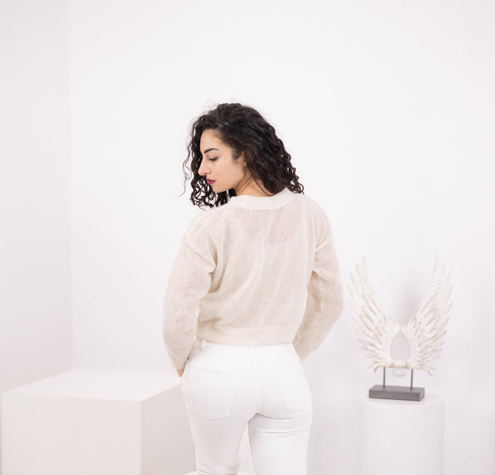 Hand Knit Baby Alpaca Wedding Sweater, Lightweight Bridal Top T1558
