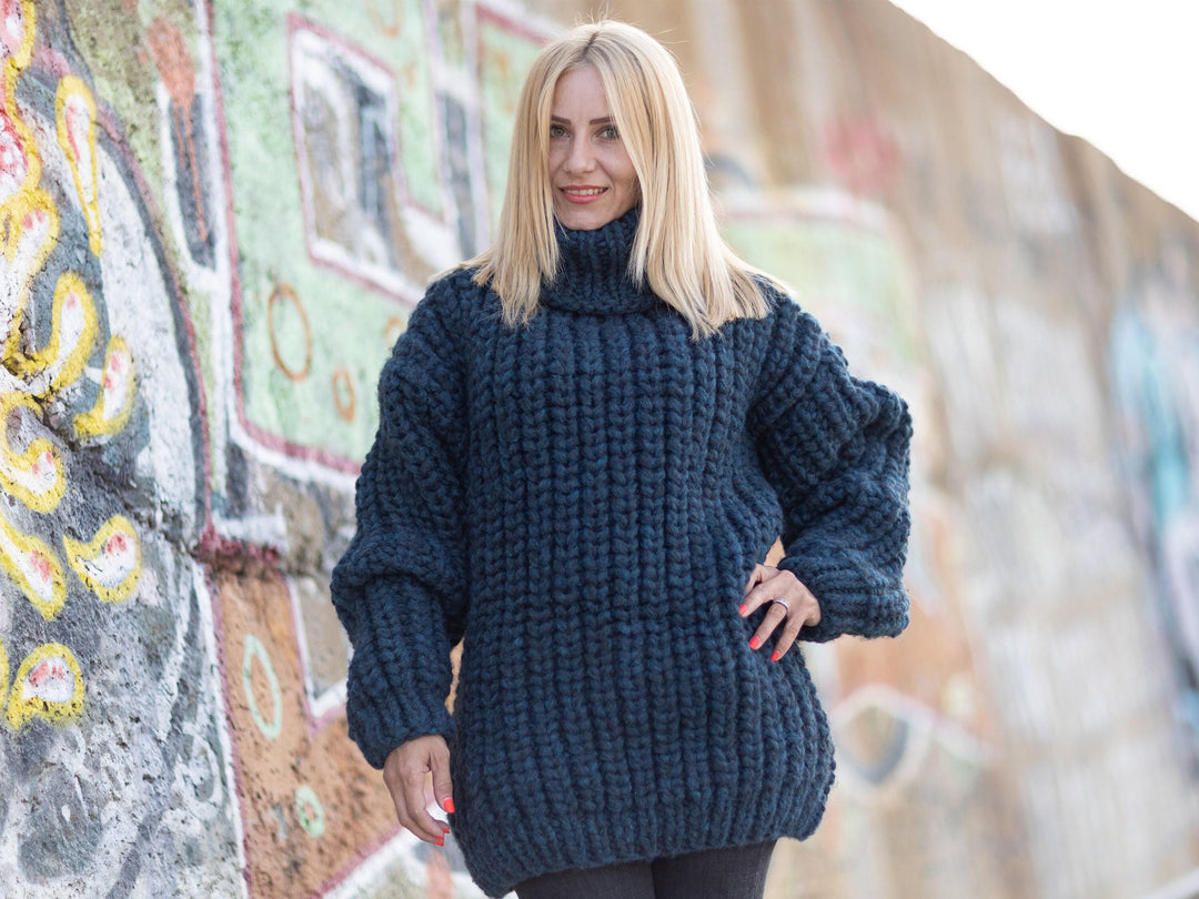 5-Strand Alpaca and Merino Wool Sweater, Hand Knitted English Rib Jumper  T1082