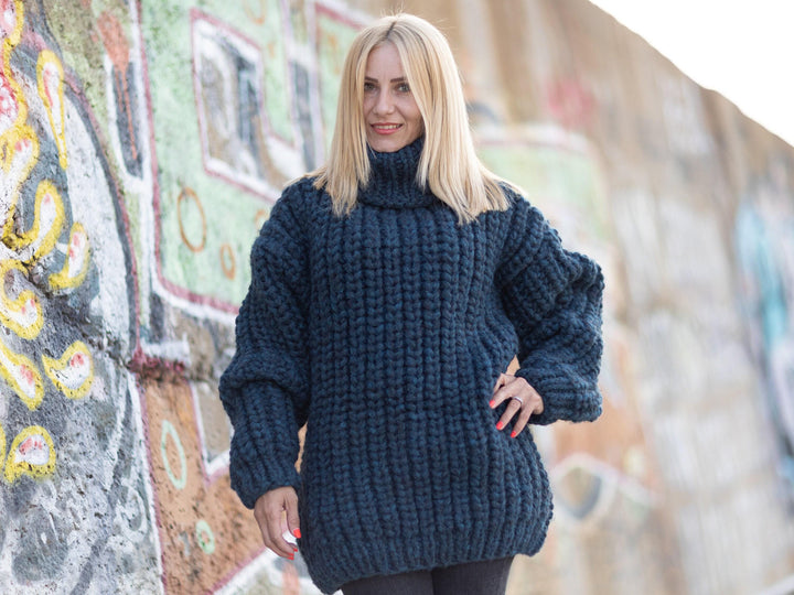 5-Strand Alpaca and Merino Wool Sweater, Hand Knitted English Rib Jumper  T1082