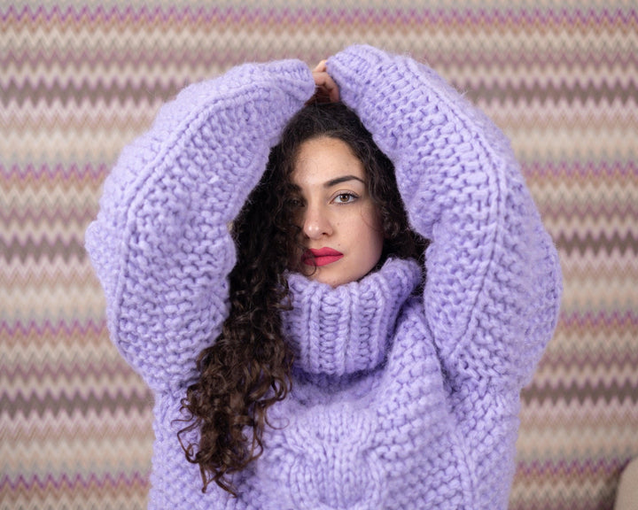 25-Strand Alpaca and Merino Wool Sweater, Hand Knitted Lavender Extra Chunky Fluffy Jumper T1549