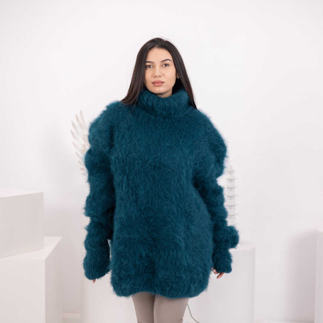 Brushed Suri Alpaca Sweater, Hand Knitted Fuzzy Blue Jumper, No Mohair Soft Pullover T1584