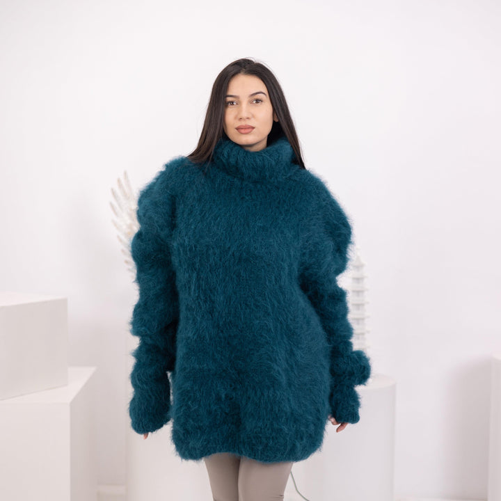 Brushed Suri Alpaca Sweater, Hand Knitted Fuzzy Blue Jumper, No Mohair Soft Pullover T1584