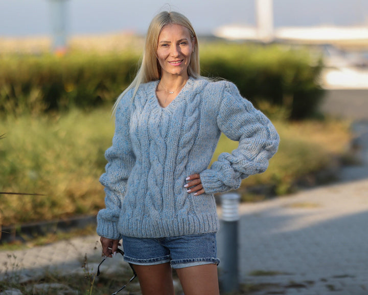 Hand Knit Chunky Alpaca Blend Sweater, Soft Blue Pullover T1477
