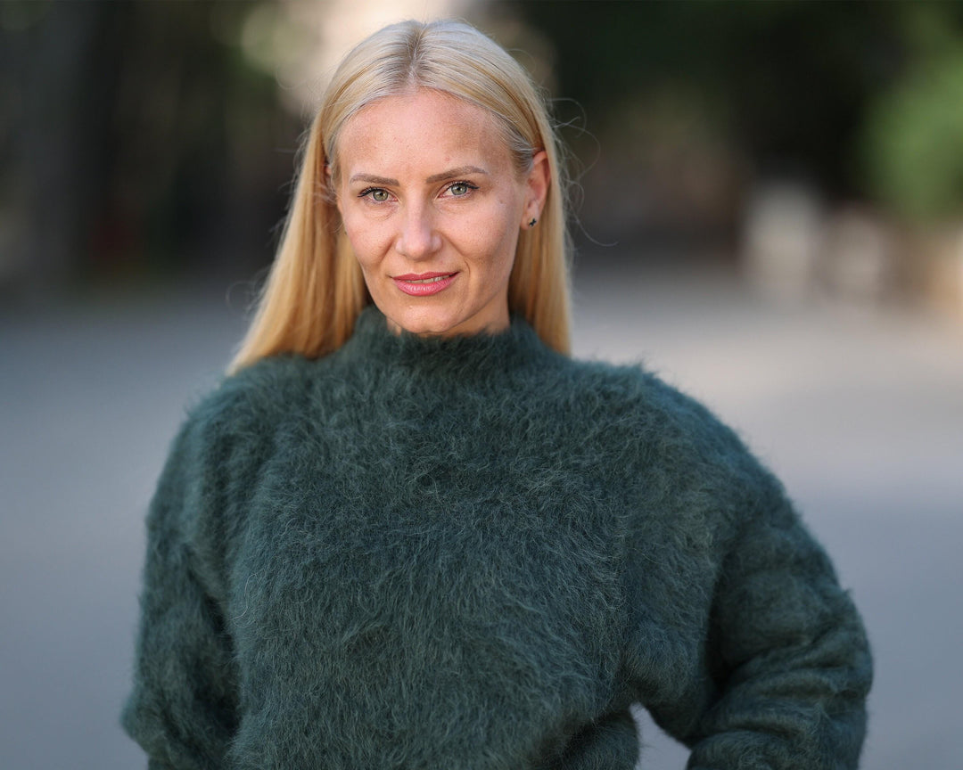 Green Suri Alpaca Sweater,  Soft Long Haired Wool Jumper T1446