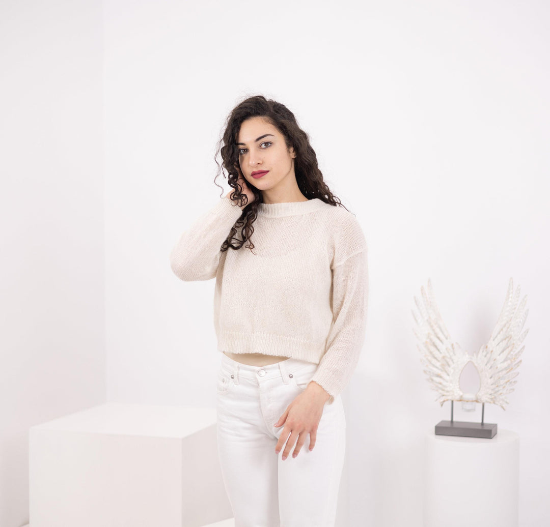 Hand Knit Baby Alpaca Wedding Sweater, Lightweight Bridal Top T1558