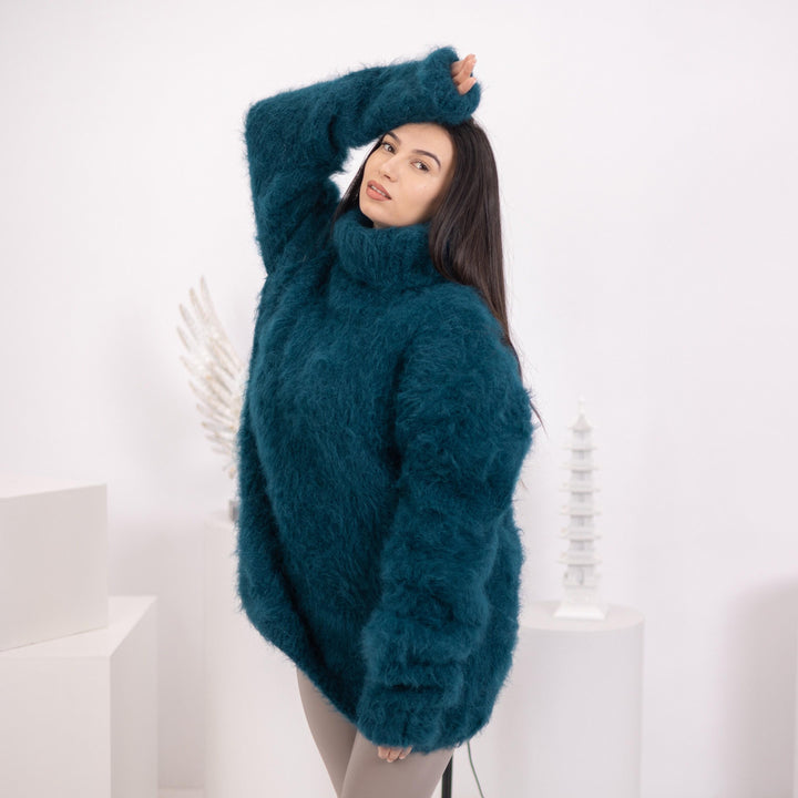 Brushed Suri Alpaca Sweater, Hand Knitted Fuzzy Blue Jumper, No Mohair Soft Pullover T1584