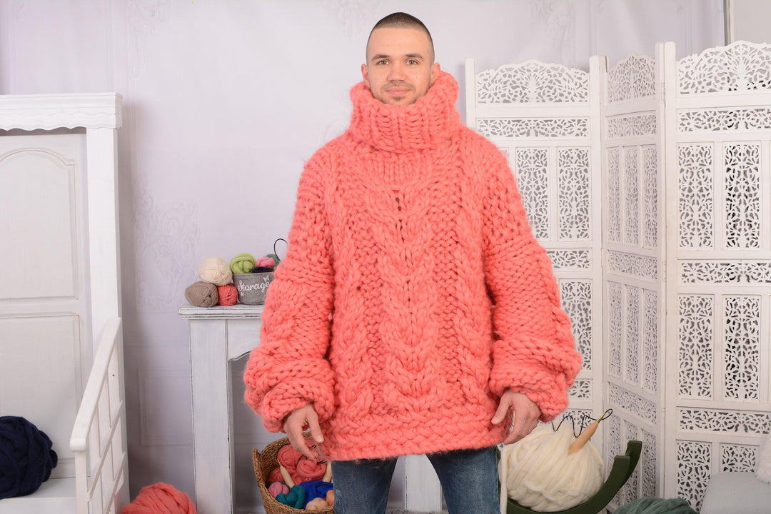 Coral Merino Wool Sweater – Hand-Knitted Cable Knit Oversized Couple Jumper T738M