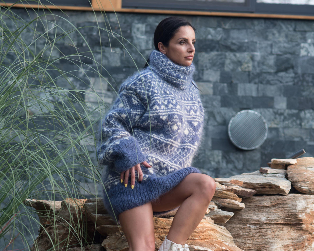 Blue Mohair Sweater – Hand-Knitted Icelandic Nordic Fluffy Oversized Men’s Jumper T835M