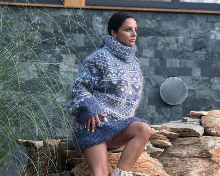 Blue Mohair Sweater – Hand-Knitted Icelandic Nordic Fluffy Oversized Men’s Jumper T835M