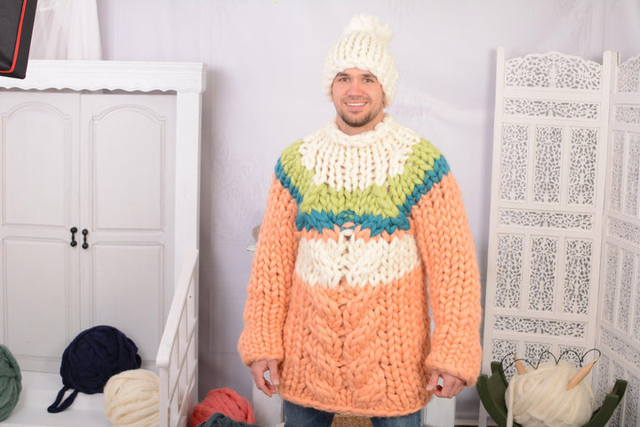 Hand-Knitted Merino Wool Sweater – 100% Soft Cable Knit Jumper T718W