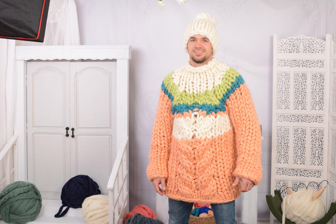 Hand-Knitted Merino Wool Sweater – 100% Soft Cable Knit Jumper T718W