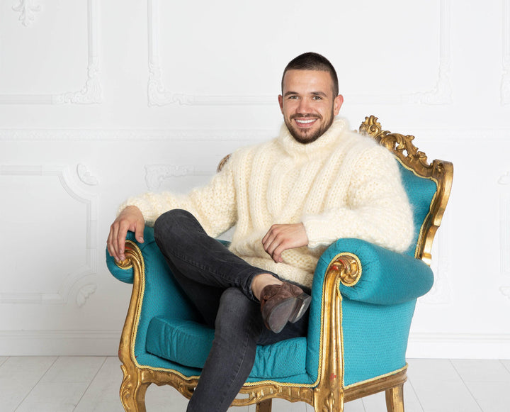 Chunky 6-Strand Mohair Sweater for Men – Hand-Knitted Oversized Cable Pullover T643M