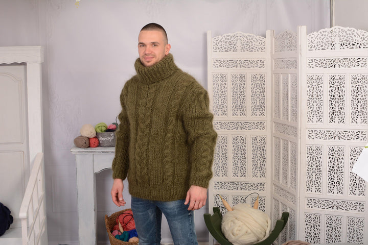 Hand-Knitted Olive Green Mohair Sweater – Unisex Chunky Ribbed Cable Turtleneck Jumper T697M