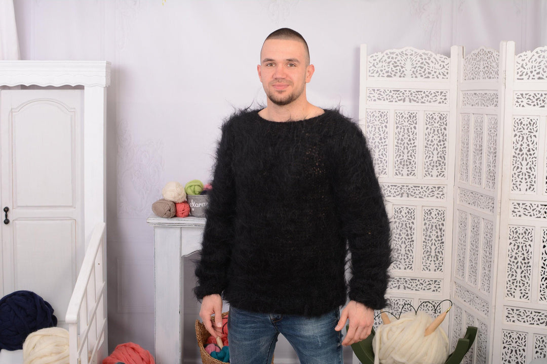 Fluffy Black Mohair Sweater – Hand-Knitted Big Needle See-Through Pullover T700M