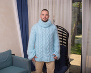 Chunky Fluffy Mohair Sweater – Blue Hand-Knit Unisex Turtleneck Pullover T840M