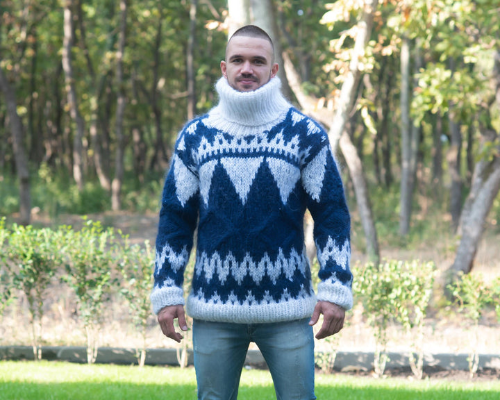Blue Mohair Sweater – Hand-Knitted Icelandic Pattern Cable Knit Jumper T836M