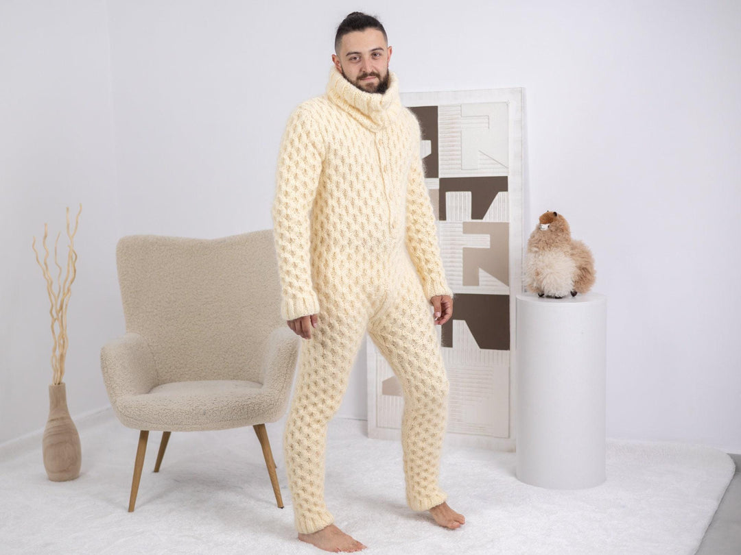 Fluffy Cream Mohair Catsuit – Fuzzy Chunky Cable Knit Hand-Knitted Overall T1684
