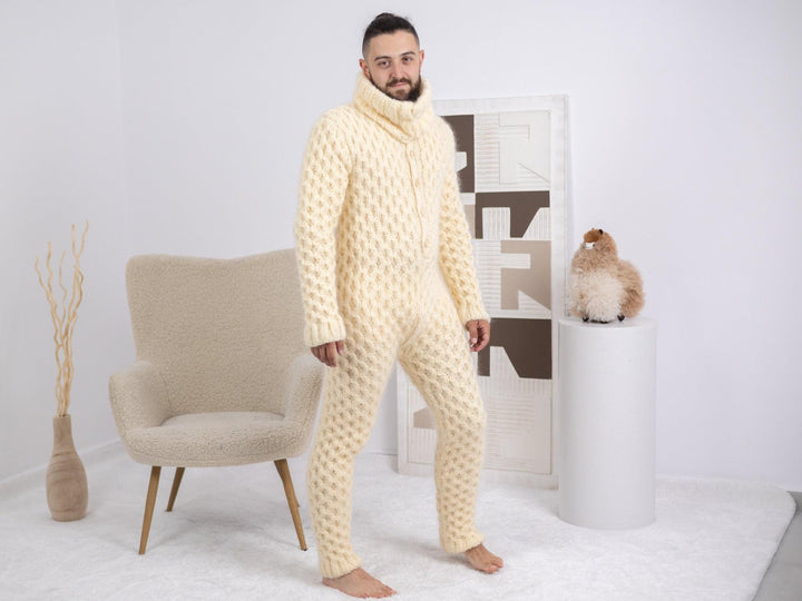 Fluffy Cream Mohair Catsuit – Fuzzy Chunky Cable Knit Hand-Knitted Overall T1684